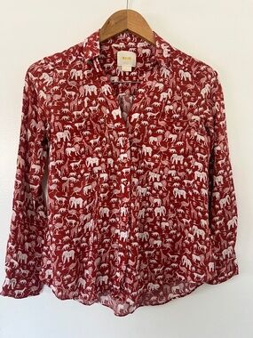 Maeve Anthropologie Safari Animal Print Button Down Shirt Red Boho Blouse Size 2